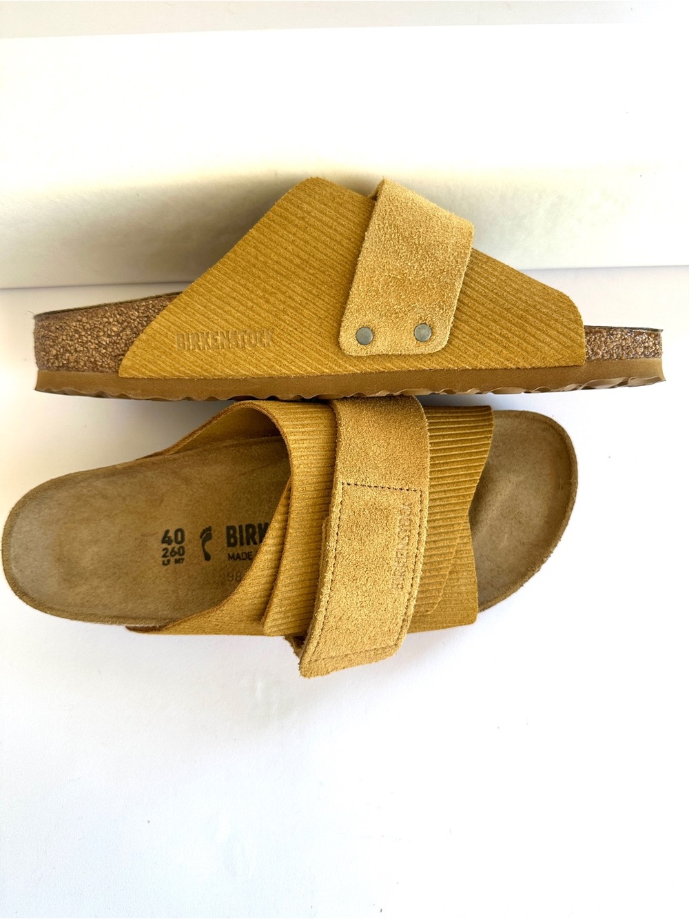 BIRKENSTOCK KYOTO SUEDE LEATHER EMBOSSED CORDUROY BROWN SLIDE SANDAL EU40/W9-9.5 - Picture 14 of 15